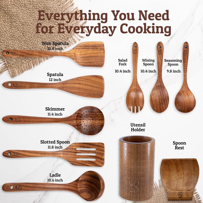 Priority Chef PriorityChef Premium Wooden Spoons for Cooking - 8pc with Utensil Holder, Spoon Rest and Hanging Hooks, Smooth Finish Teak Wooden Utensil Set, Heat-Resistant & Nonstick Safe, Ideal for Gifting - Image 4